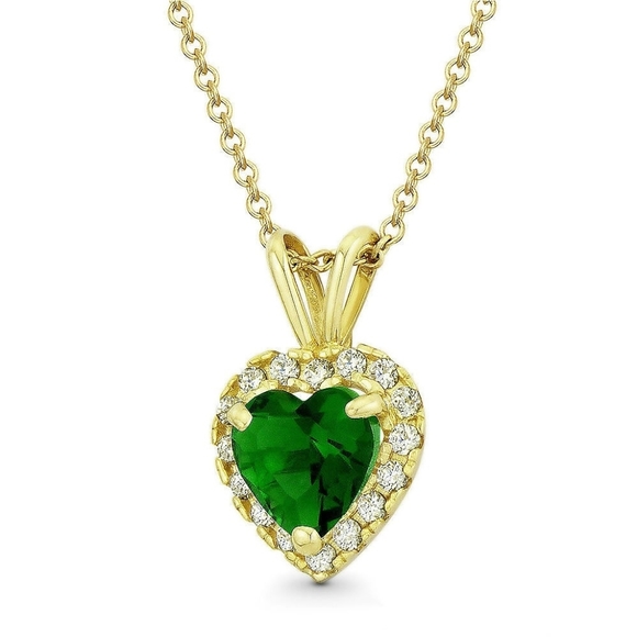 Lab Emerald Diamond Heart Pendant 14K Yellow Gold